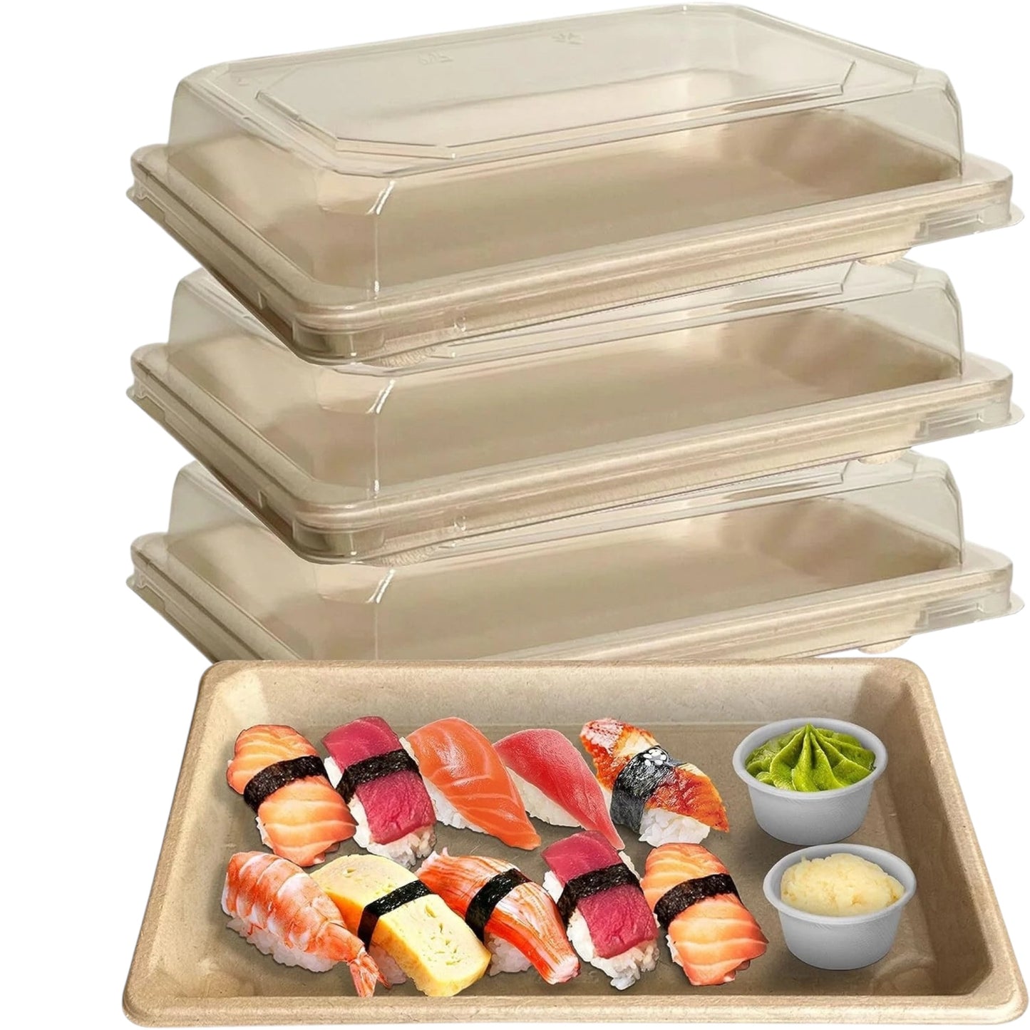COMPOSTABLE BAGASSE SUSHI TRAY WITH LIDS 162x115x25mm