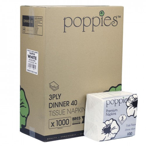 POPPIES NAPKIN WHITE 3PLY 40X40