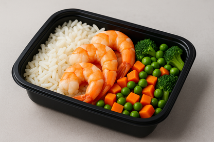 BLACK MICROWAVABLE SMALL CONTAINER 250CC with rice and prowns and veg